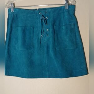TOPSHOP UK Teal Lace-Up Suede Leather Mini  Skirt Size 8 Fully Lined Back Zipper